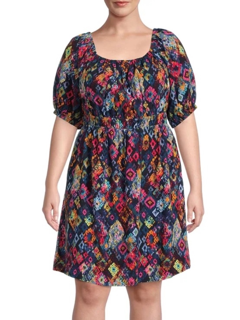 NWT Terra & Sky Blue Multi Ikat Puff Sleeve Open Tie-Back Peasant Dress SZ 14W